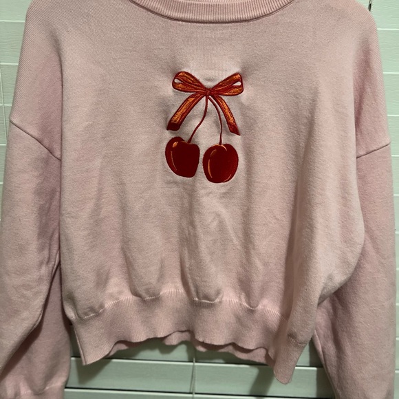 Faded Rose Pink Cherry Embroidered Cropped Sweater Coquette Y2K Soft Girl Size M - Picture 11 of 11
